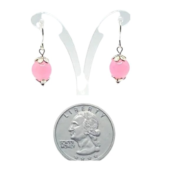 Light Pink 10 mm Marble with Silver Floral Accent - Short Drop Earrings - Picture 3 of 3